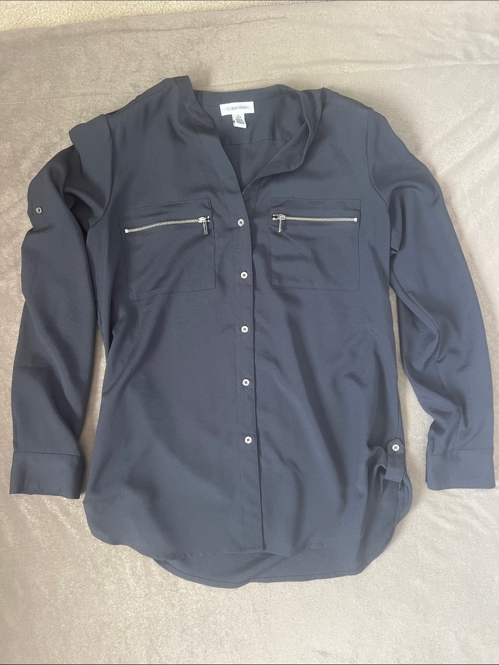 Calvin Klein Navy Button-Front Blouse with Zip Chest Pockets